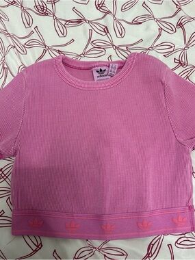 adidas Pink Ribbed Crop Tee with Trefoil Band